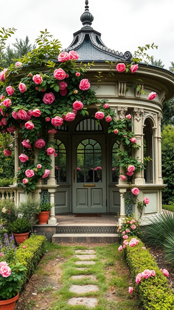 A Victorian-inspired summer house surrounded by blooming pink roses and a well-kept garden pathway.