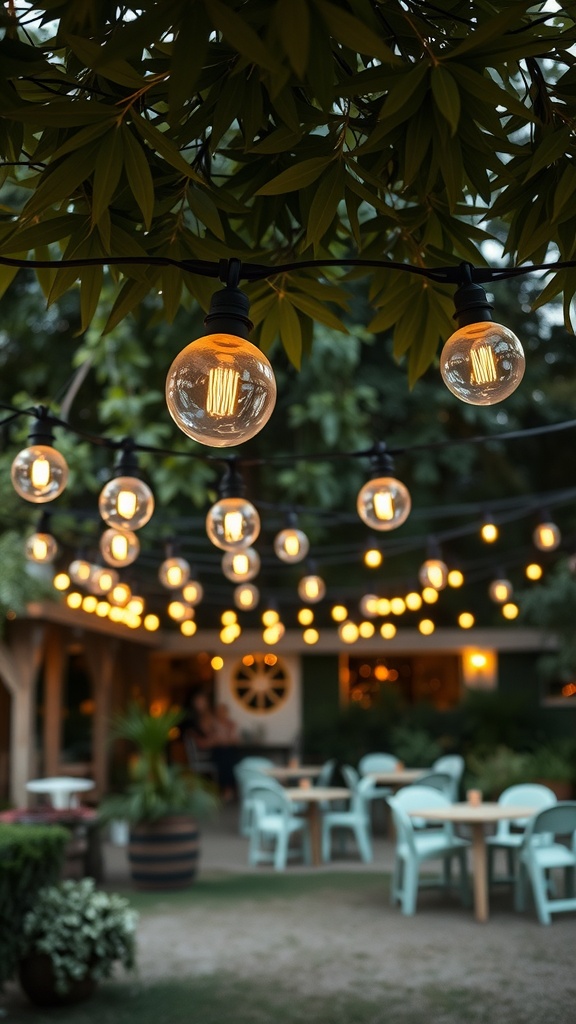 Vintage-style globe lights hanging in a garden setting, illuminating a cozy outdoor space.