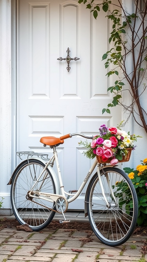 A vintage bicycle with a flower basket parked by a white door, surrounded by colorful flowers.