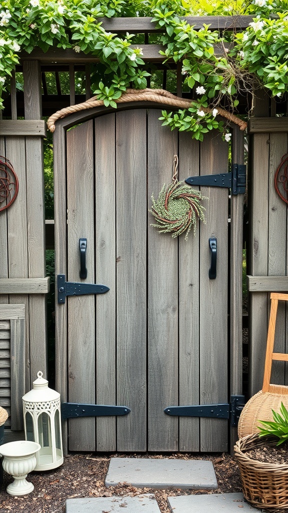 A vintage farmhouse style wooden gate with a wreath, surrounded by greenery and decorative elements.