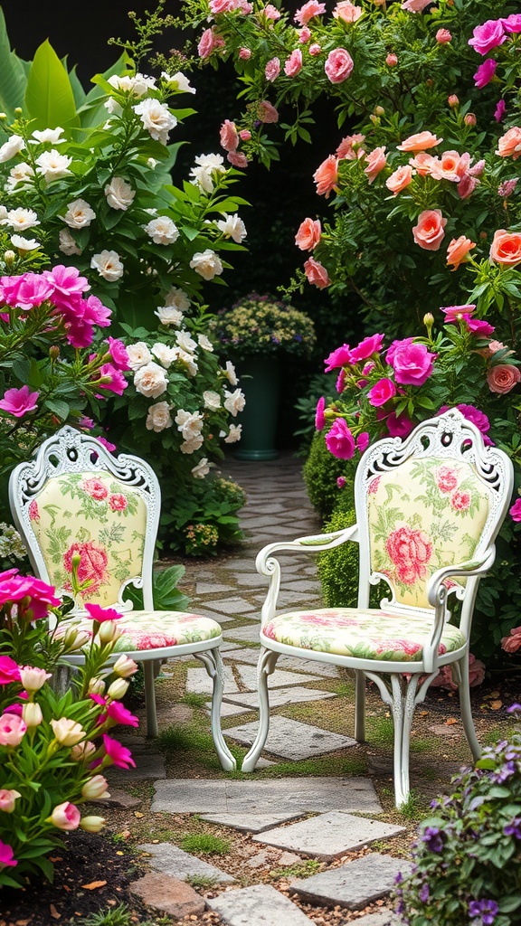 Two vintage garden chairs with floral patterns surrounded by colorful flowers