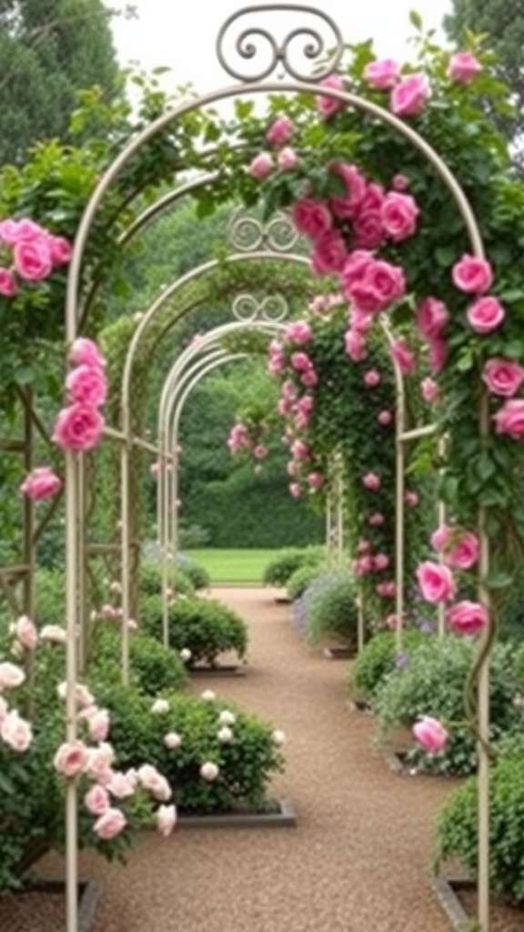 A garden pathway lined with vintage iron arches adorned with pink roses.