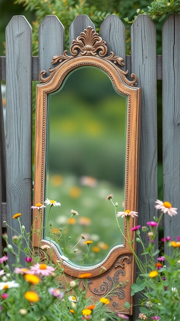 A vintage mirror with an ornate frame leaning against a wooden fence, surrounded by colorful flowers in a garden.