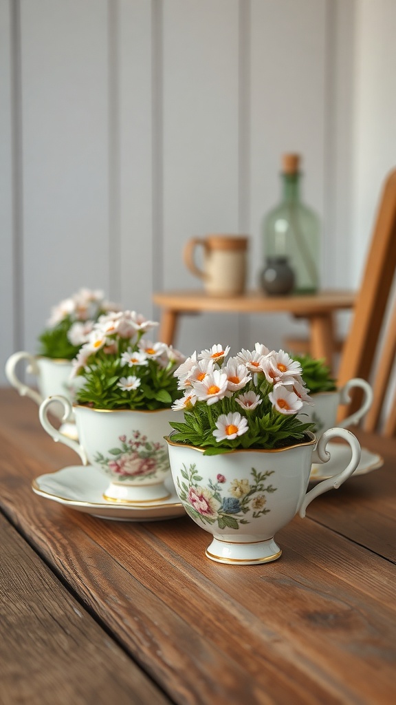 Vintage tea cups filled with flowers on a wooden table