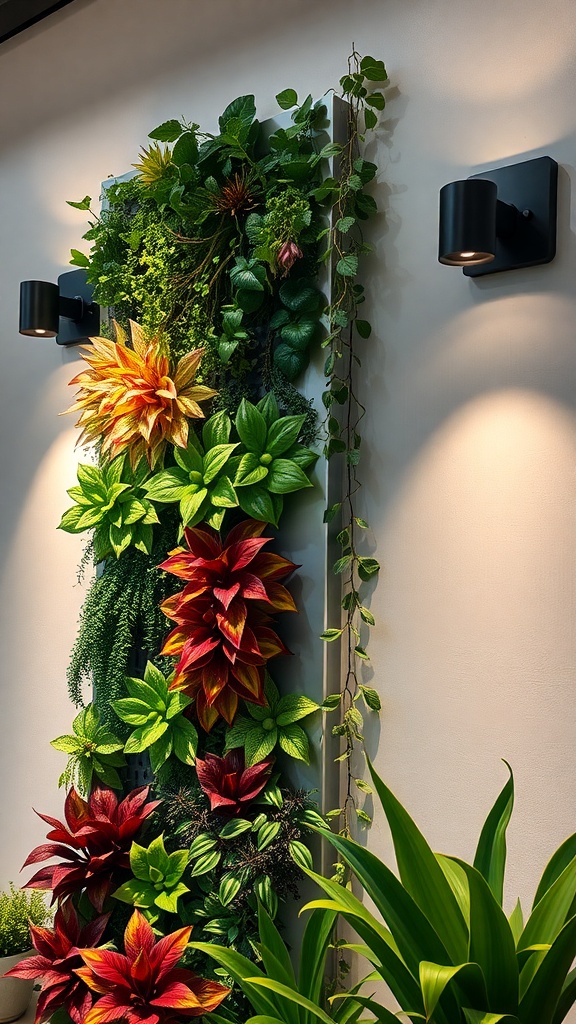 A wall-mounted lighting fixture next to a vibrant vertical garden with various plants.