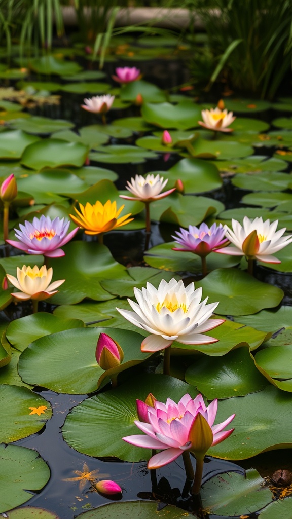 A serene pond filled with colorful water lilies and lotus flowers, surrounded by lush green leaves.