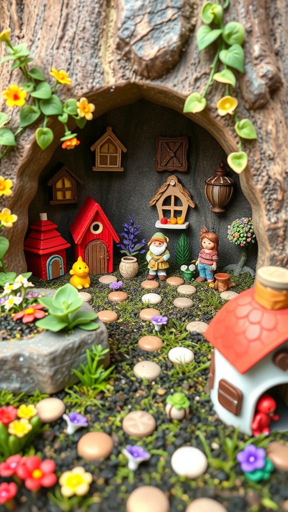 A whimsical fairy garden with tiny houses, colorful flowers, and playful figurines