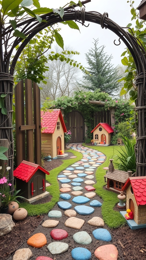 A whimsical fairy garden path with colorful stones, small houses, and a vine-covered archway.