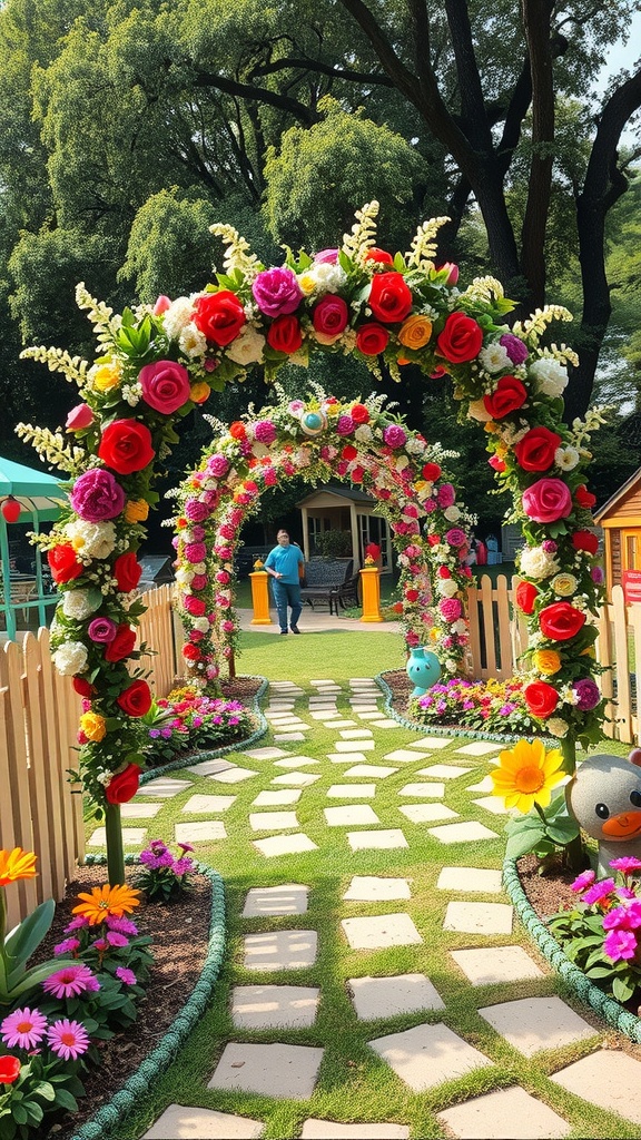 A garden path with two floral arches decorated with colorful flowers, leading to a cozy area with a small building.