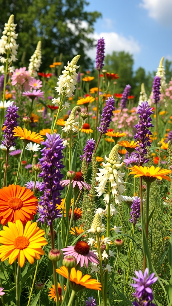 A vibrant wildflower garden featuring a mix of colorful flowers including orange, purple, and white blooms.