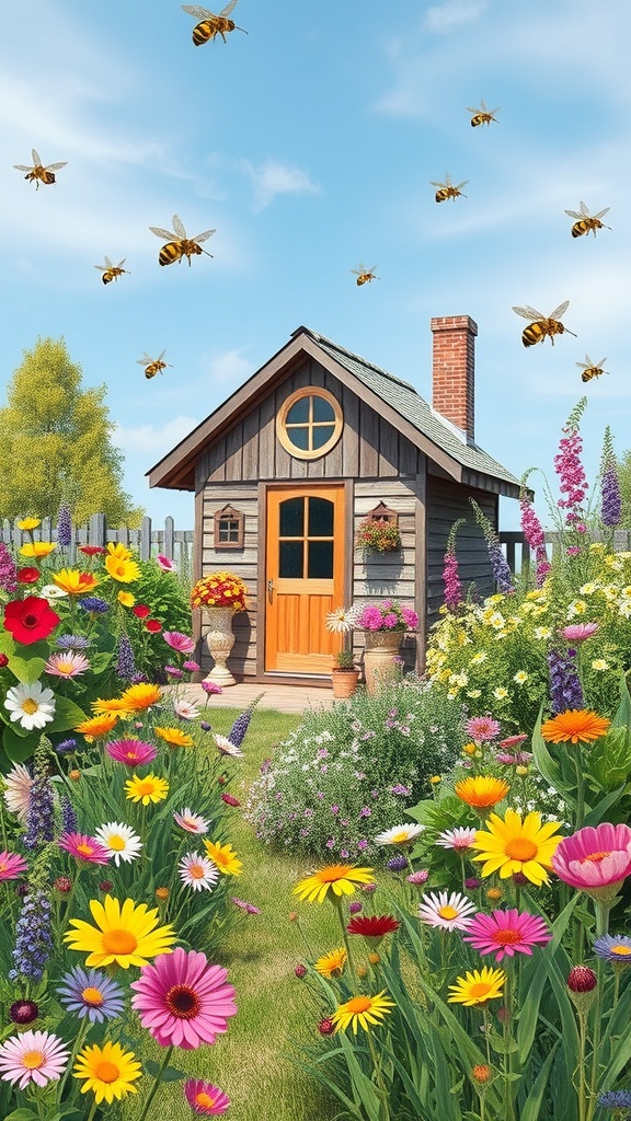 A vibrant wildflower garden with a rustic summer house surrounded by colorful flowers and buzzing bees.