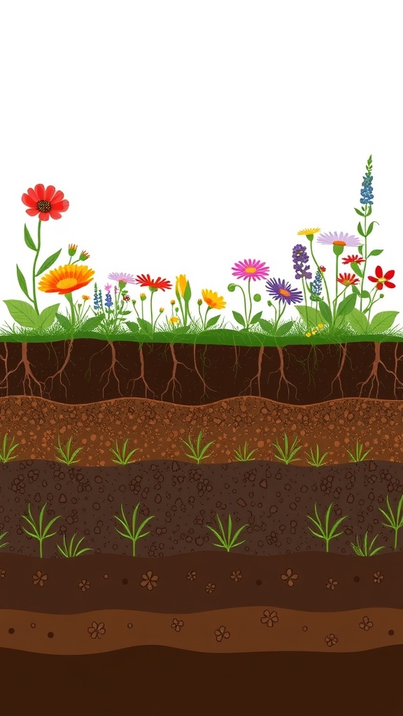 Illustration of wildflowers with visible roots and soil layers