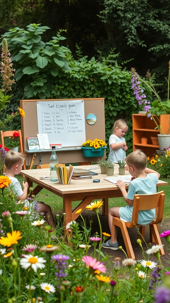 Children learning in a wildflower garden with a table and educational materials.