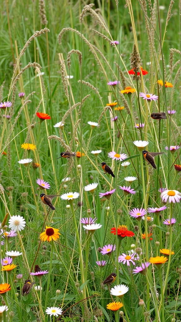 A vibrant wildflower garden with various flowers and birds