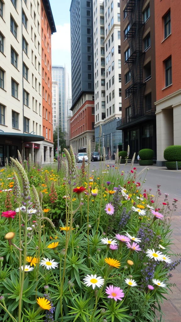 A vibrant wildflower garden in an urban setting, surrounded by tall buildings.