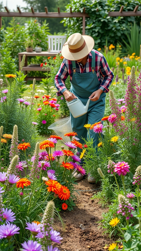 A person watering a colorful wildflower garden with various blooms.