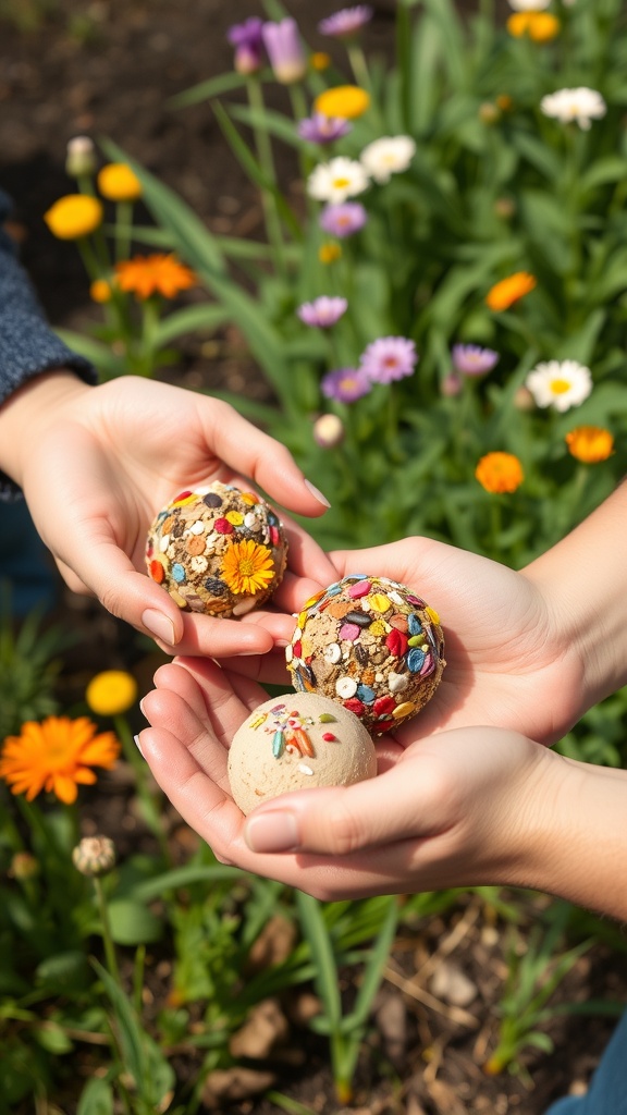 Hands holding colorful seed bombs with wildflowers in the background