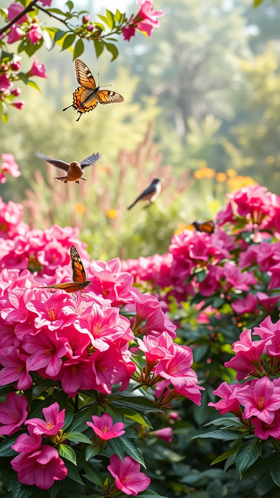 A vibrant azalea garden with pink flowers, butterflies flying above, and birds in the background.
