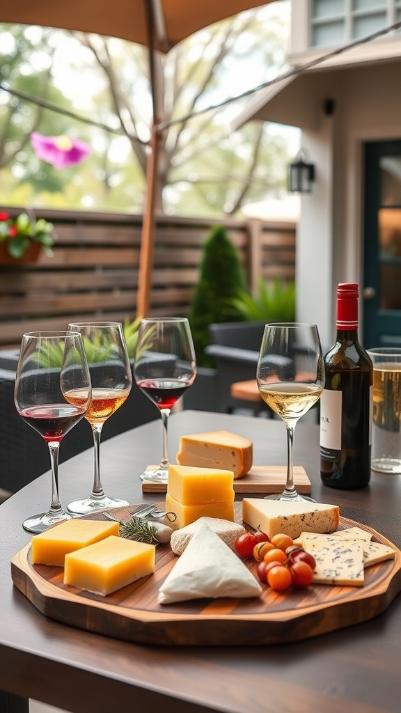 A beautifully arranged wine and cheese tasting setup on a patio, featuring various cheeses, wine glasses, and a bottle of wine.