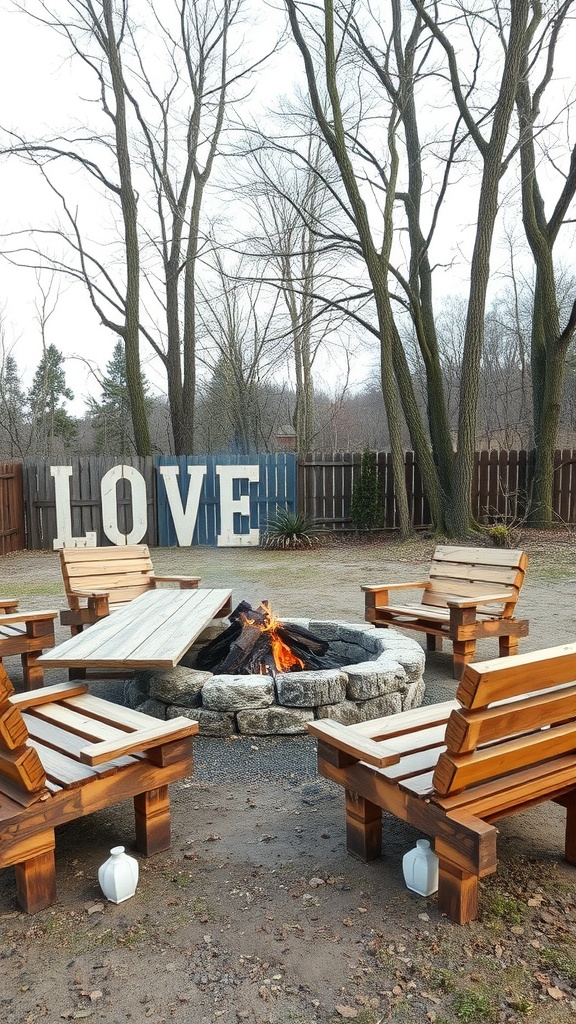 A cozy wooden pallet fire pit area with benches and a 'LOVE' sign in the background.