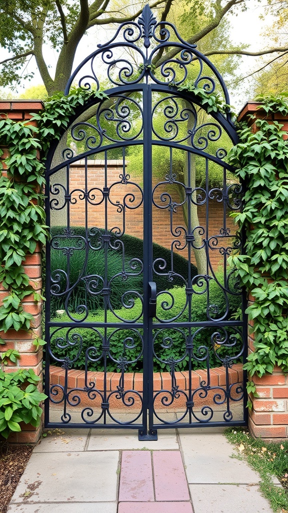 A decorative wrought iron garden gate surrounded by lush greenery and brick walls.