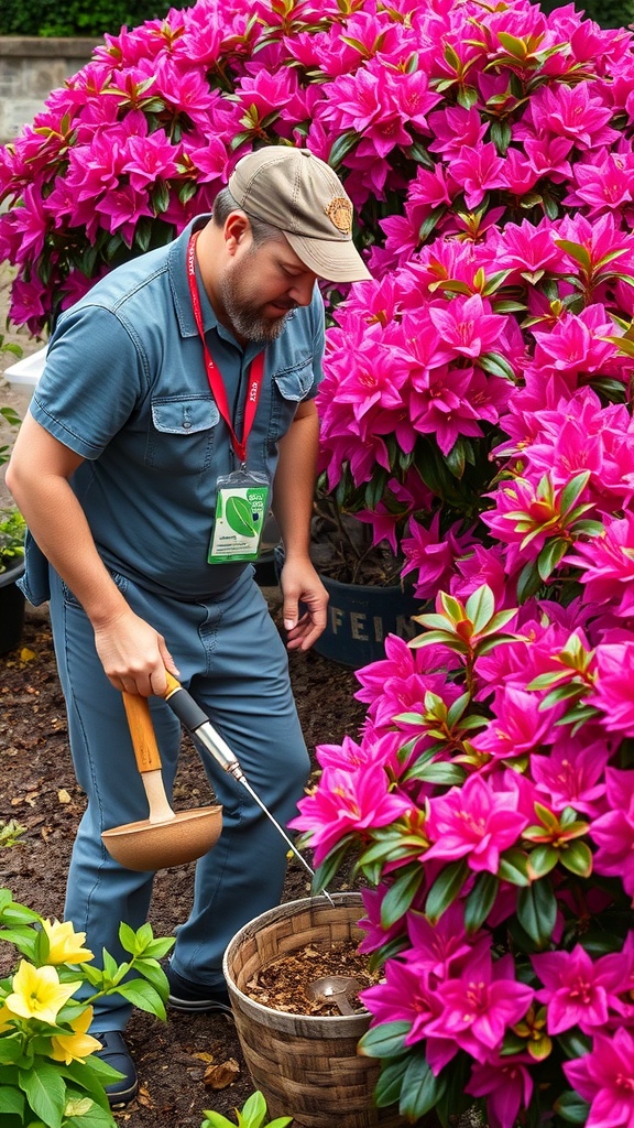 A gardener tending to vibrant pink azaleas in a garden setting.