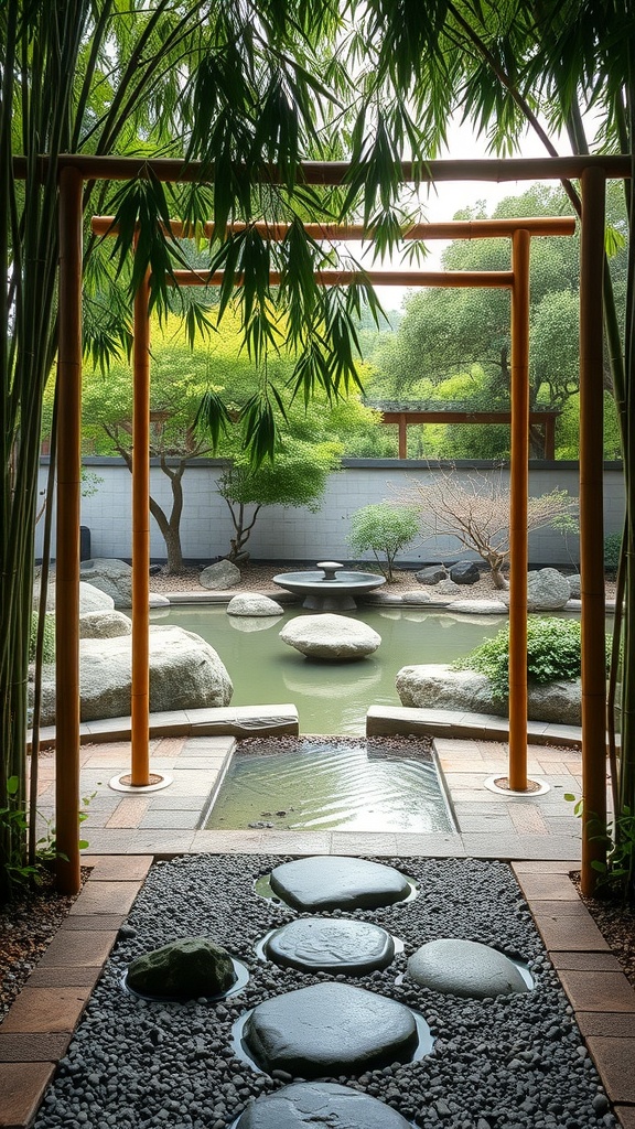 A bamboo archway leading to a serene pond in a Zen garden, surrounded by rocks and greenery.