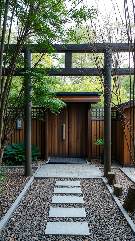 Zen garden entrance featuring bamboo fencing, stone pathway, and lush greenery.