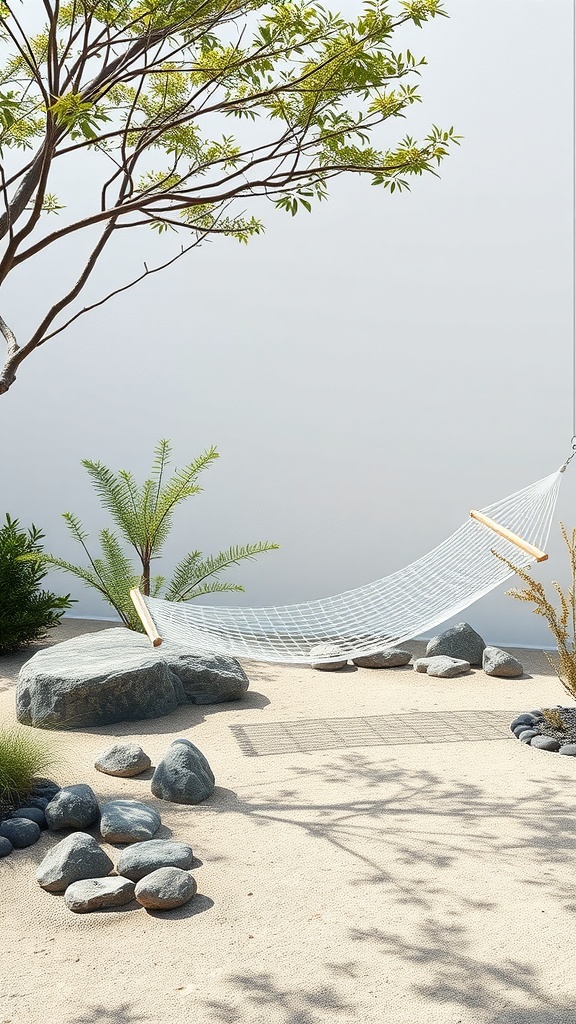 A serene zen garden featuring a hammock, rocks, and greenery.