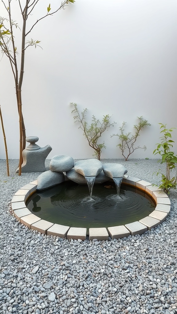 A Zen garden water feature with smooth stones and a circular pond surrounded by gravel and plants.