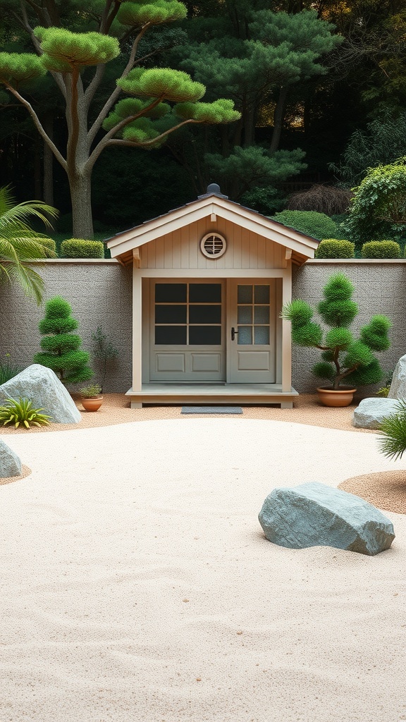 A tranquil Zen garden featuring a summer house, surrounded by rocks and greenery.