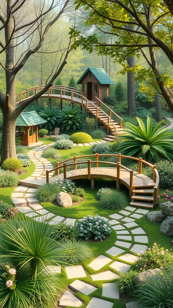 A garden with winding paths, a wooden bridge, and a playhouse surrounded by lush greenery and flowers.