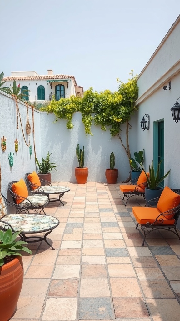 A cozy patio with artistic mosaic seating and vibrant orange cushions surrounded by greenery.