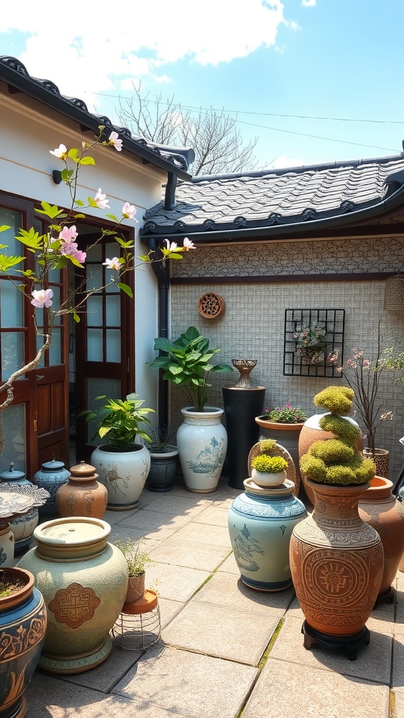 A collection of Japanese ceramic pots in a sunny patio setting, surrounded by plants and flowers.