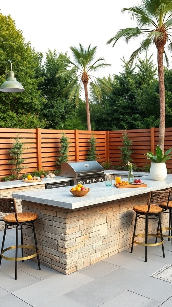 A modern BBQ island with bar seating, surrounded by greenery and a wooden fence.