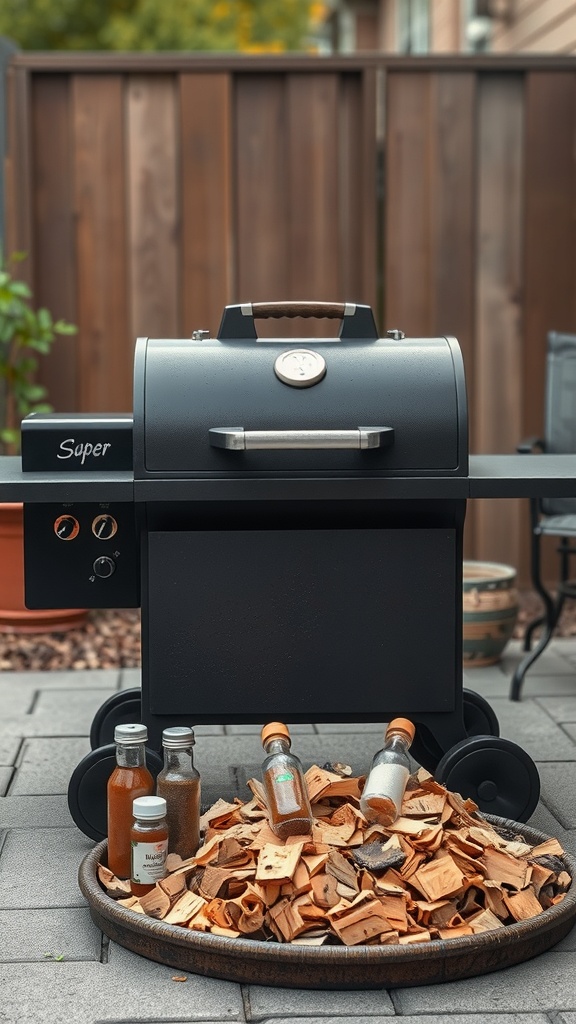 A BBQ smoker on a patio with wood chips and spice bottles