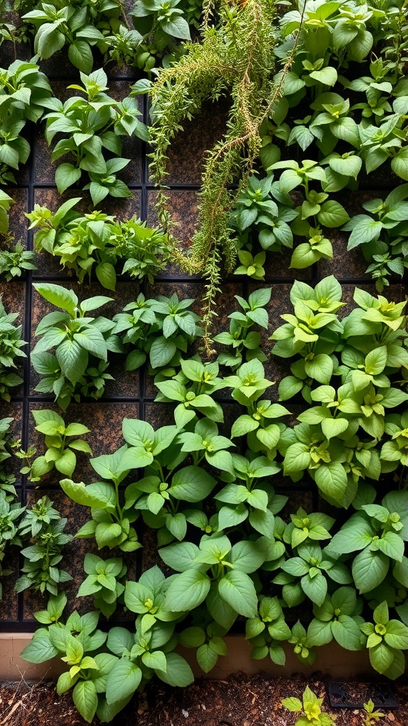 A vertical herb garden wall filled with various green herbs.