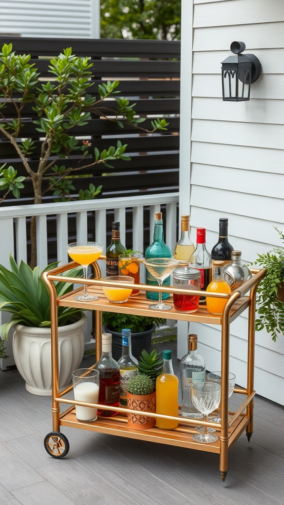 A chic bar cart with various drinks and glasses set up on a patio.