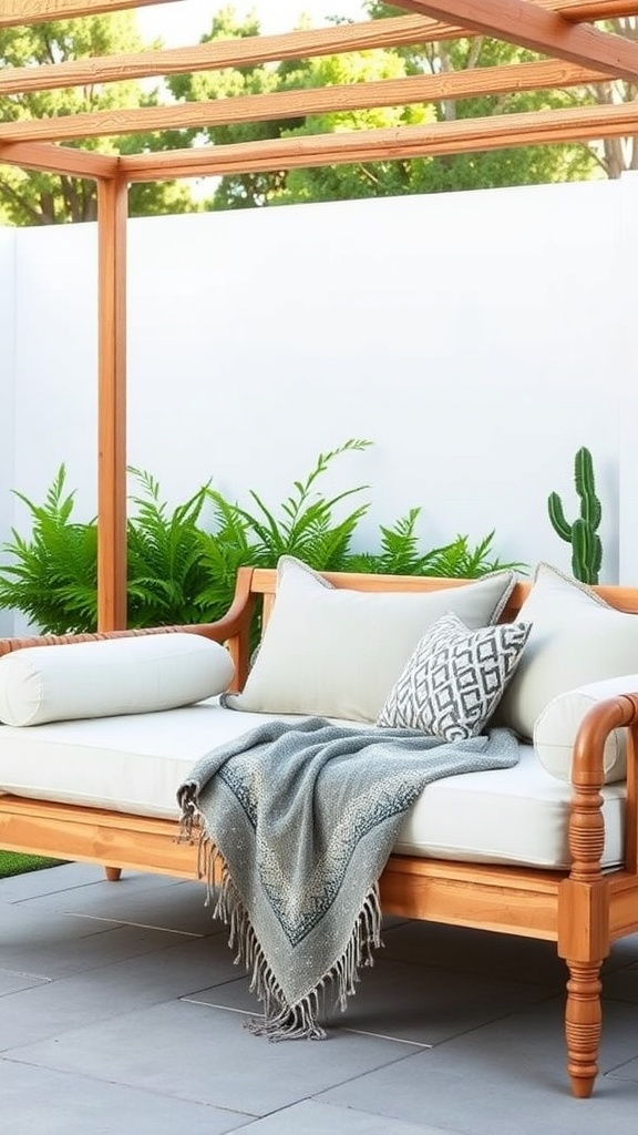 A stylish outdoor daybed with wooden frame and soft cushions, surrounded by greenery.