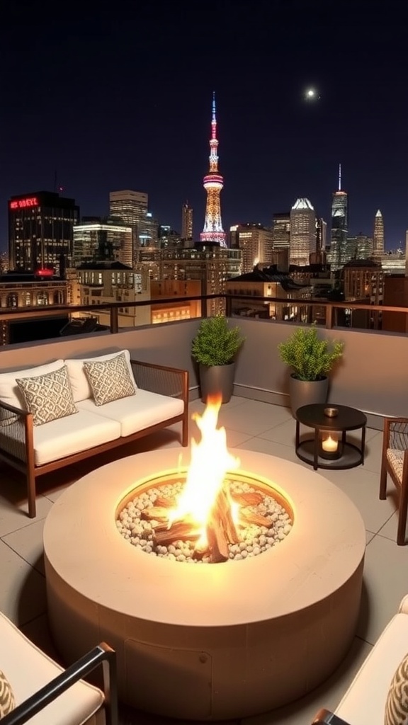 A chic urban fire pit surrounded by cozy seating and a city skyline in the background.