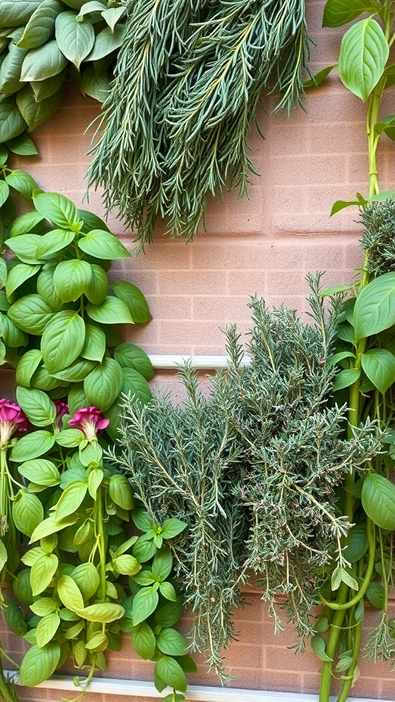 A variety of herbs growing on a wall, including basil, rosemary, and thyme.