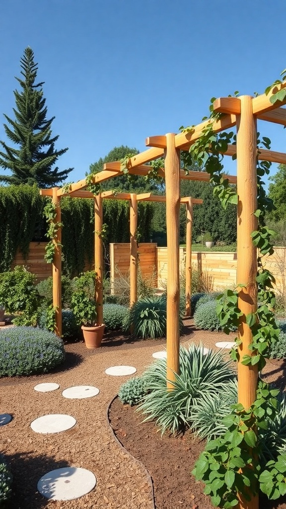 A garden featuring wooden climbing structures surrounded by lush greenery and stepping stones.