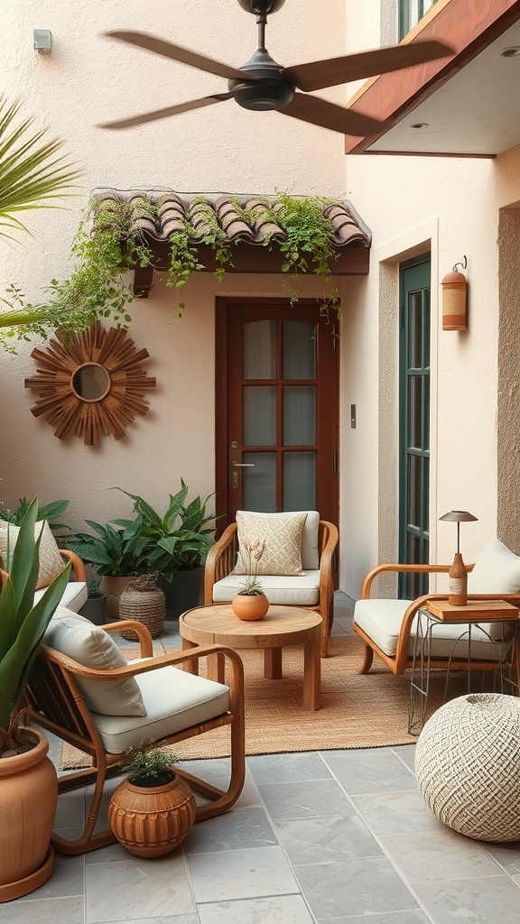 A cozy Japandi patio featuring earthy tones, wooden furniture, and lush greenery.