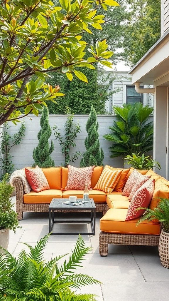 A cozy patio area with orange outdoor cushions on a sectional sofa, surrounded by greenery.