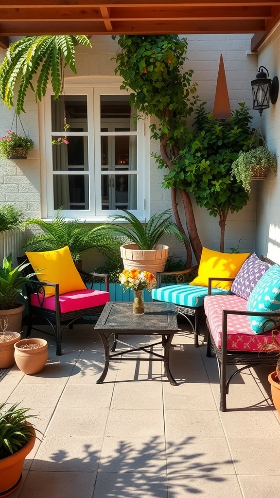 Cozy patio seating area with colorful outdoor cushions in pink, yellow, and blue, surrounded by plants.