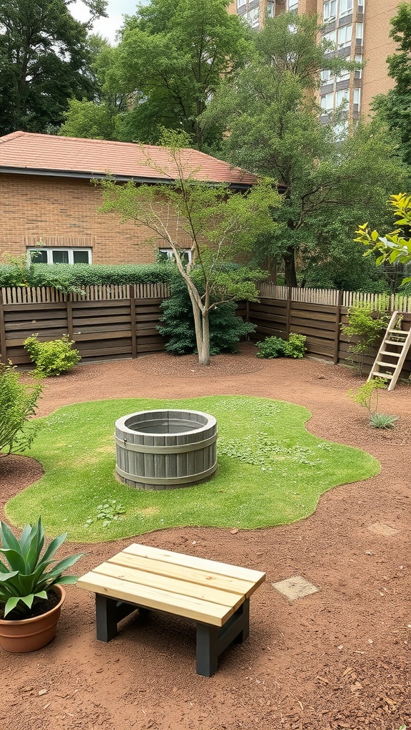A community garden with a play area featuring a grassy patch, a wooden circular feature, and a small bench.