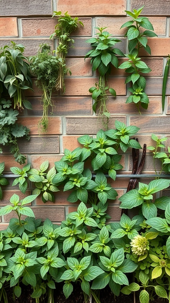 A vertical herb garden on a wall featuring various herbs like cilantro, mint, and basil.