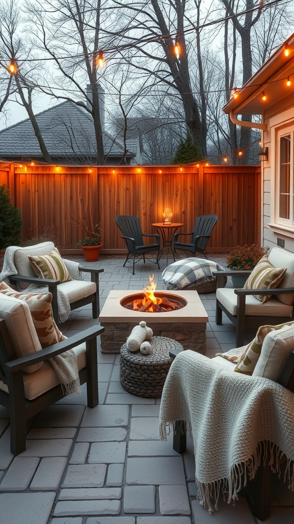 Cozy fire pit lounge with seating, blankets, and string lights