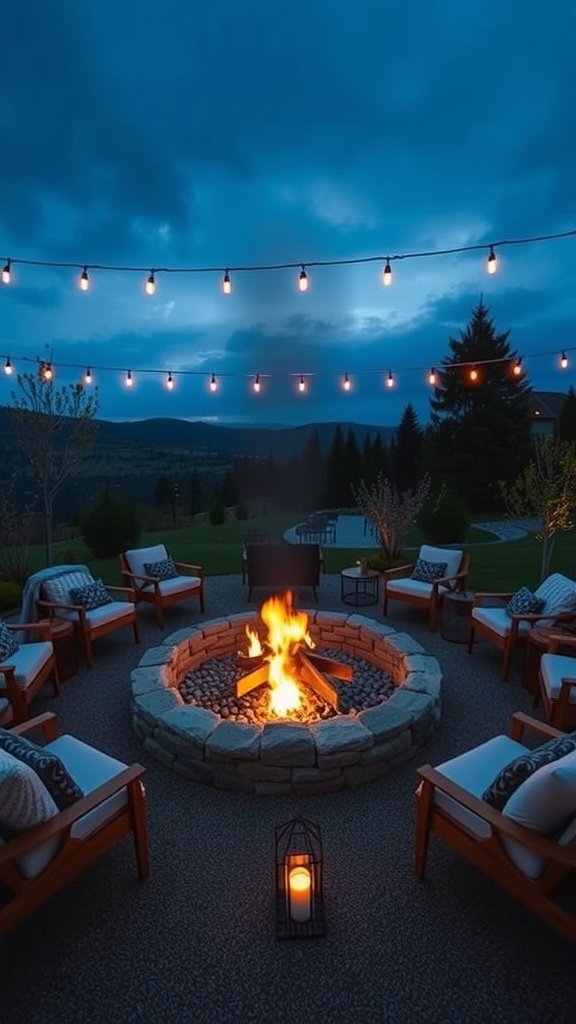 Cozy fire pit seating area with chairs and warm fire