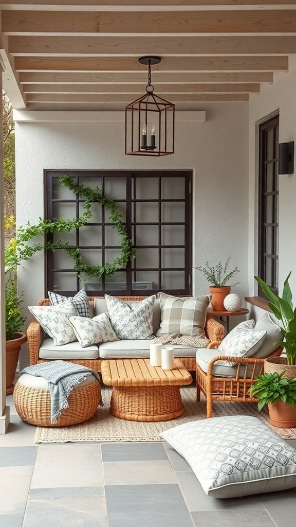 Cozy outdoor seating area with rattan furniture, pillows, and plants